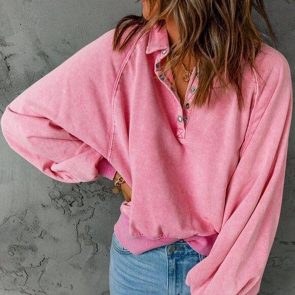 Pink Casual Womens Half Button Raglan Sleeve Sweatshirt - Picture 4 of 5